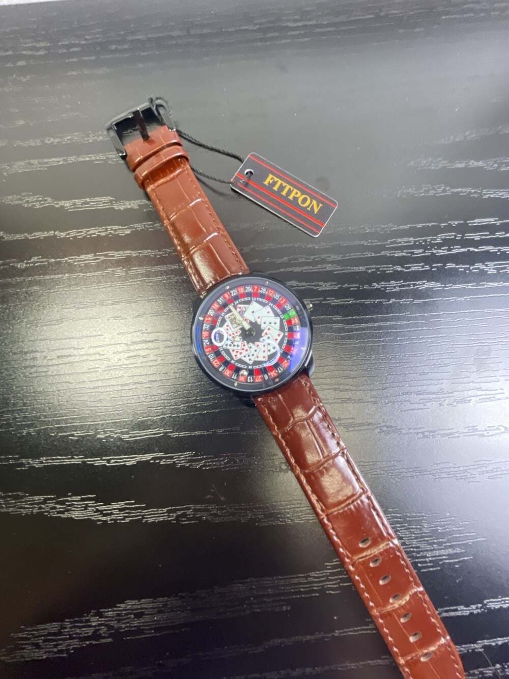 FTTPON casino poker roulette dial brown leather watch new
